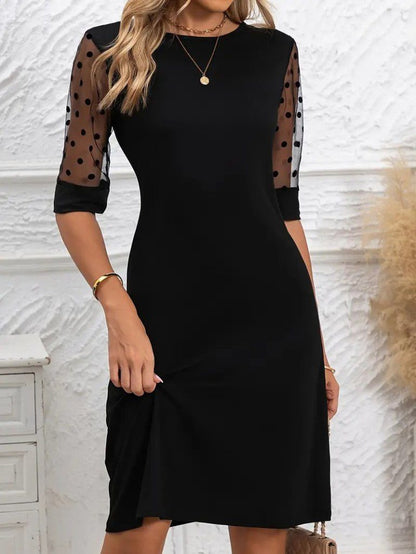 JANE'S Damen Polka Dot Mesh Ärmel Fahrrad Hals Chiffon Kleid
