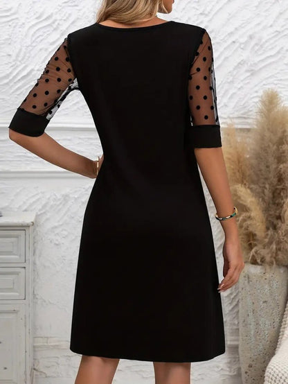 JANE'S Damen Polka Dot Mesh Ärmel Fahrrad Hals Chiffon Kleid