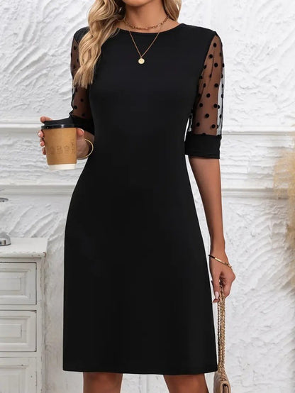 JANE'S Damen Polka Dot Mesh Ärmel Fahrrad Hals Chiffon Kleid
