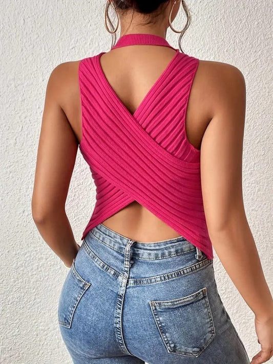 JANE'S Damen Null Ärmel Rücken Kreuz Detail Strickbluse