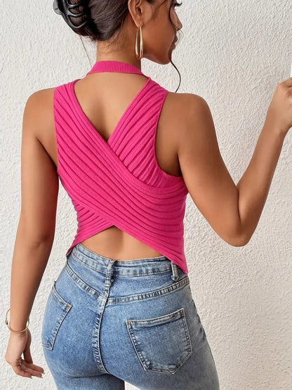 JANE'S Damen Null Ärmel Rücken Kreuz Detail Strickbluse