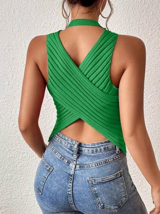 JANE'S Damen Null Ärmel Rücken Kreuz Detail Strickbluse