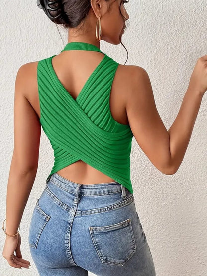 JANE'S Damen Null Ärmel Rücken Kreuz Detail Strickbluse