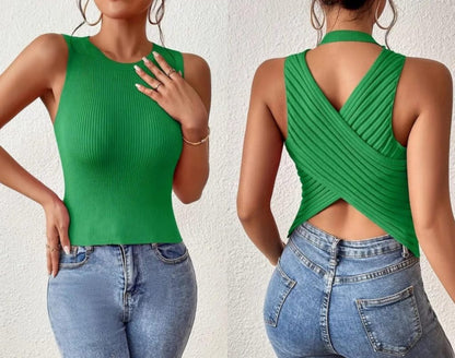 JANE'S Damen Null Ärmel Rücken Kreuz Detail Strickbluse