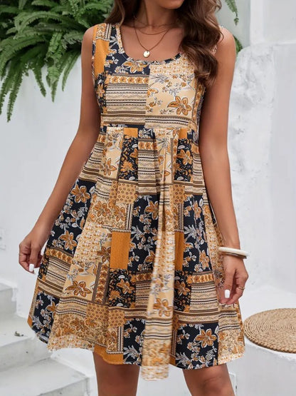 JANE'S Damen Null Ärmel Rundhals Blumenmuster Jersey Kleid
