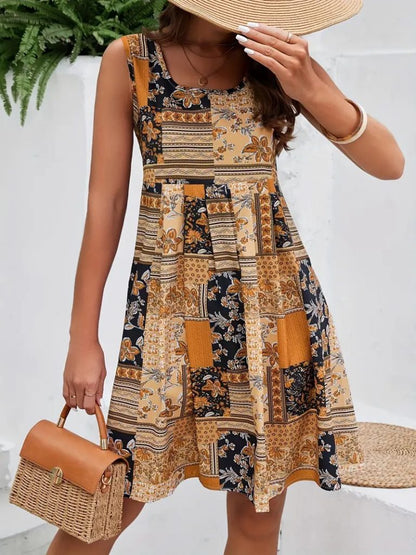 JANE'S Damen Null Ärmel Rundhals Blumenmuster Jersey Kleid