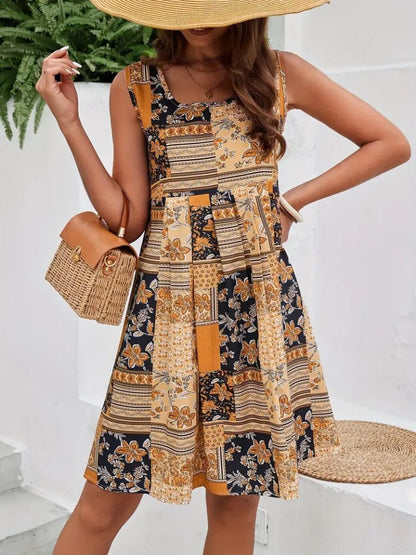 JANE'S Damen Null Ärmel Rundhals Blumenmuster Jersey Kleid