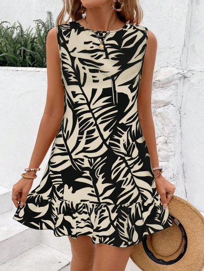 JANE'S Damen Null Ärmel Rundhals Rüschen Muster Sofia Kleid