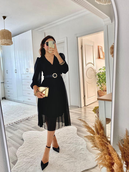 JANE'S Damen Chiffon Gefüttertes Ausgestelltes Midi-Kleid