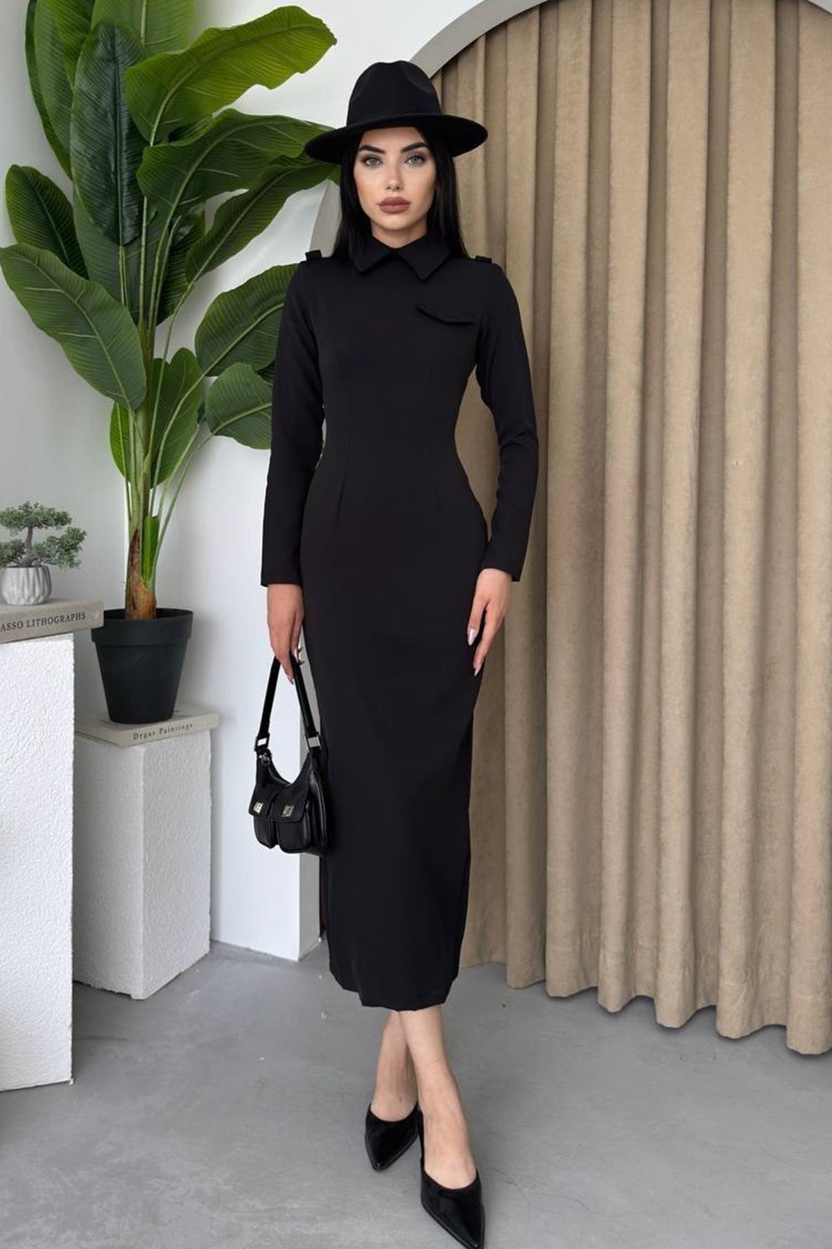 Hemdkragen-Midi-Bleistift-Abendkleid