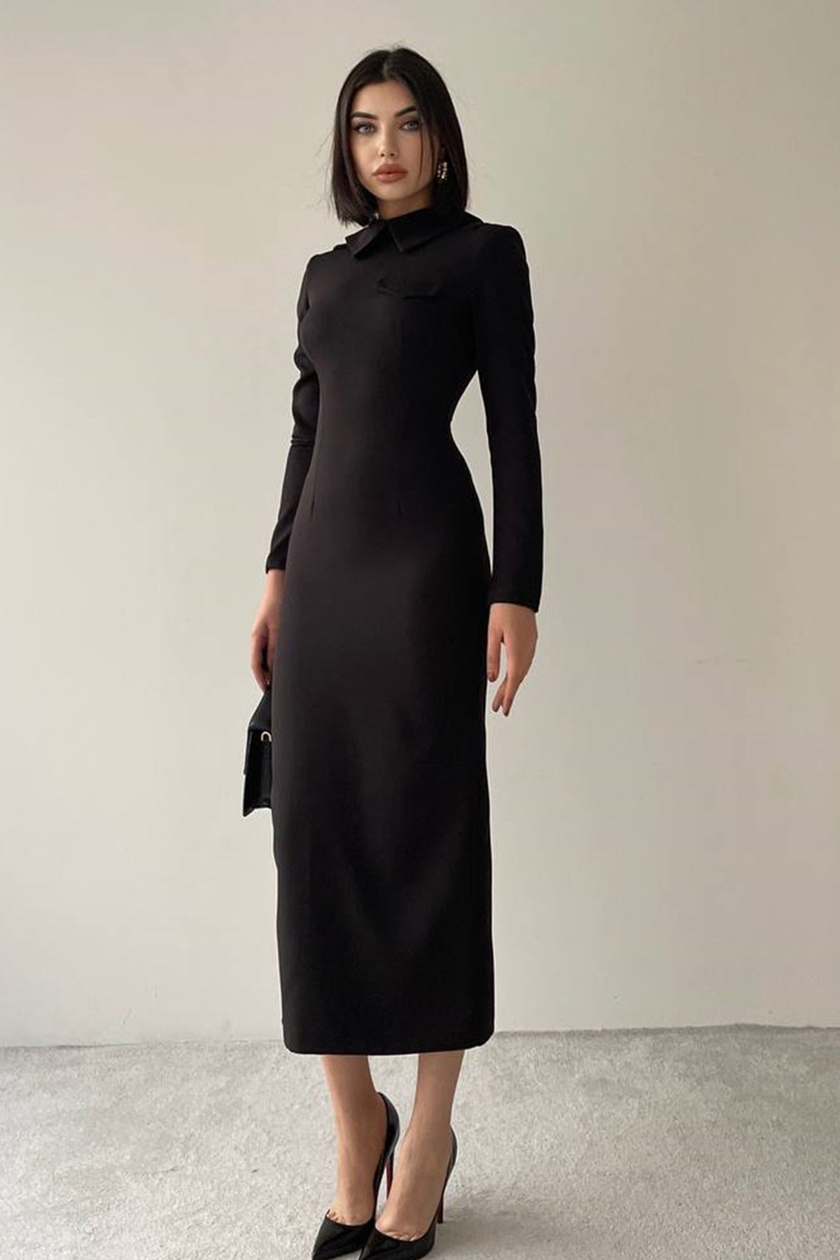 Hemdkragen-Midi-Bleistift-Abendkleid