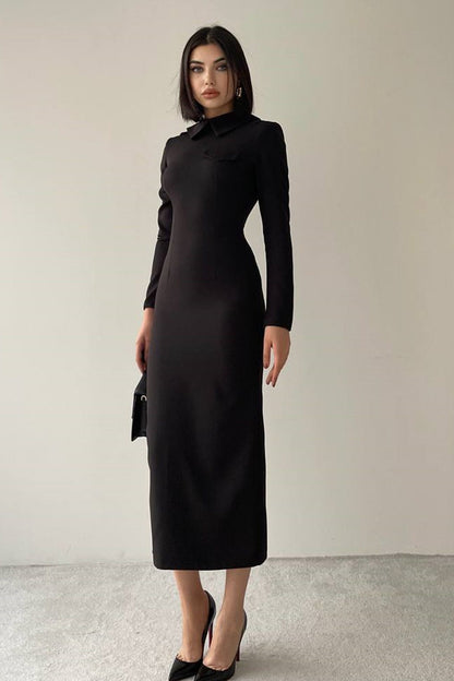 Hemdkragen-Midi-Bleistift-Abendkleid