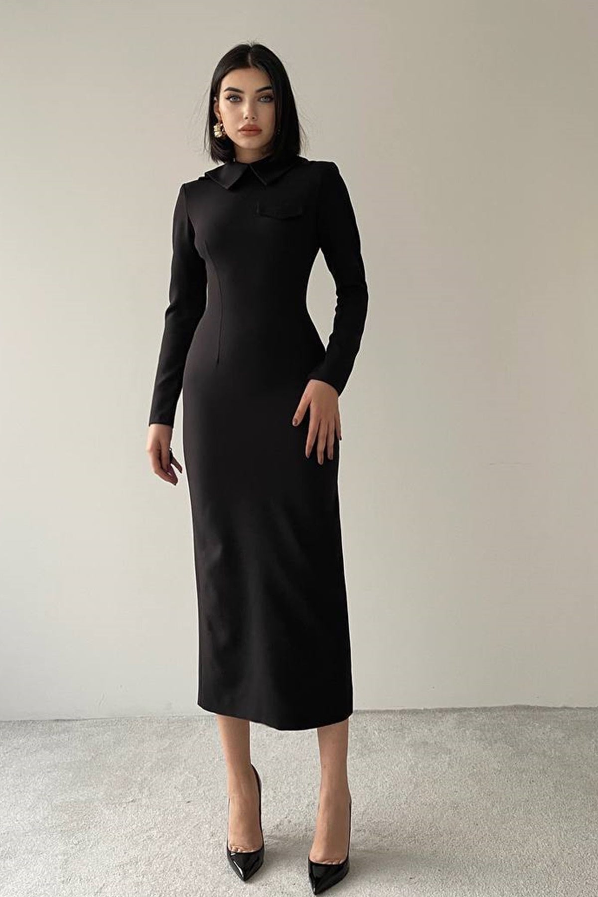 Hemdkragen-Midi-Bleistift-Abendkleid