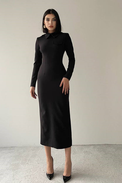 Hemdkragen-Midi-Bleistift-Abendkleid