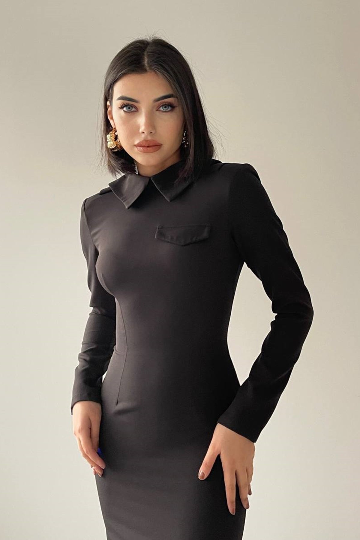 Hemdkragen-Midi-Bleistift-Abendkleid