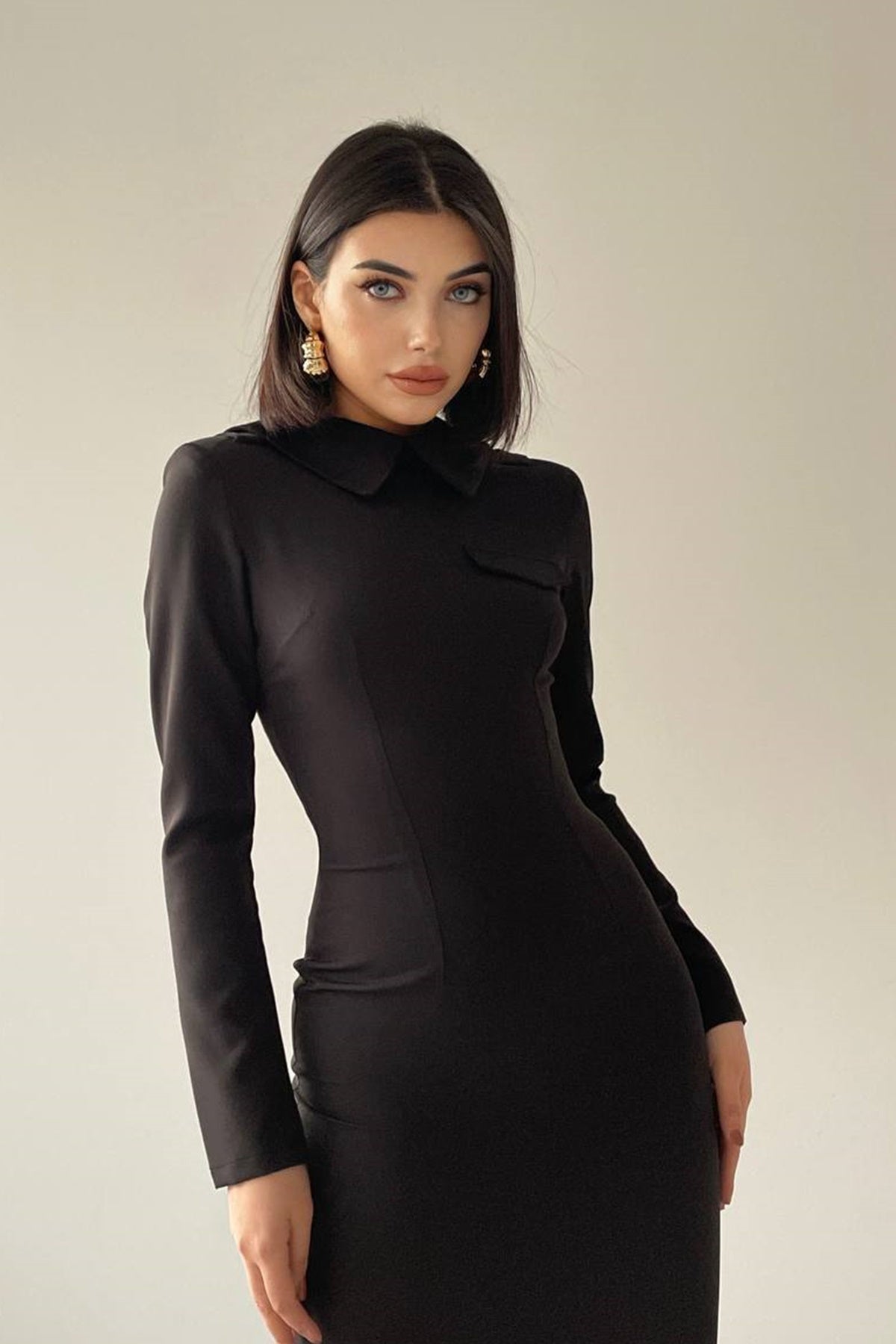Hemdkragen-Midi-Bleistift-Abendkleid