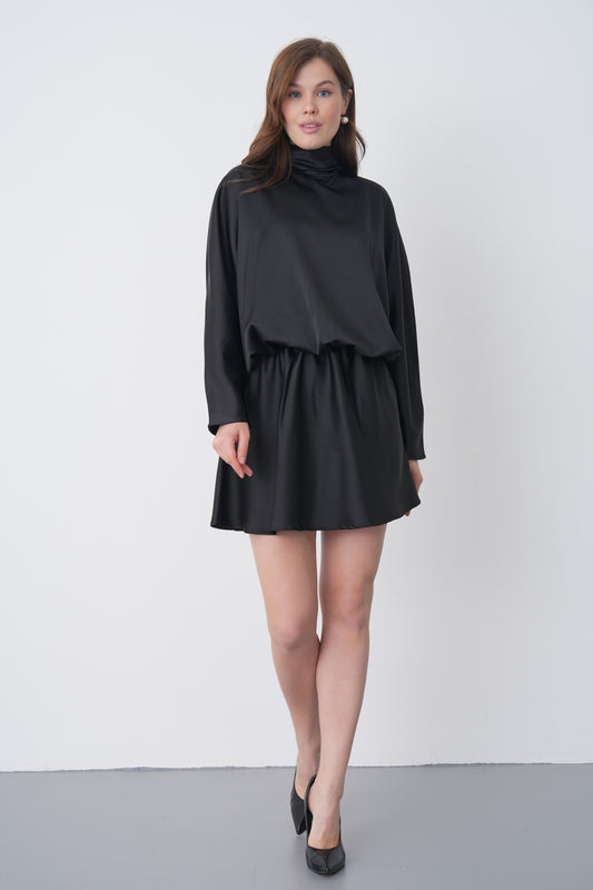 Damen Schwarzes Satin Kragen Mini Kleid