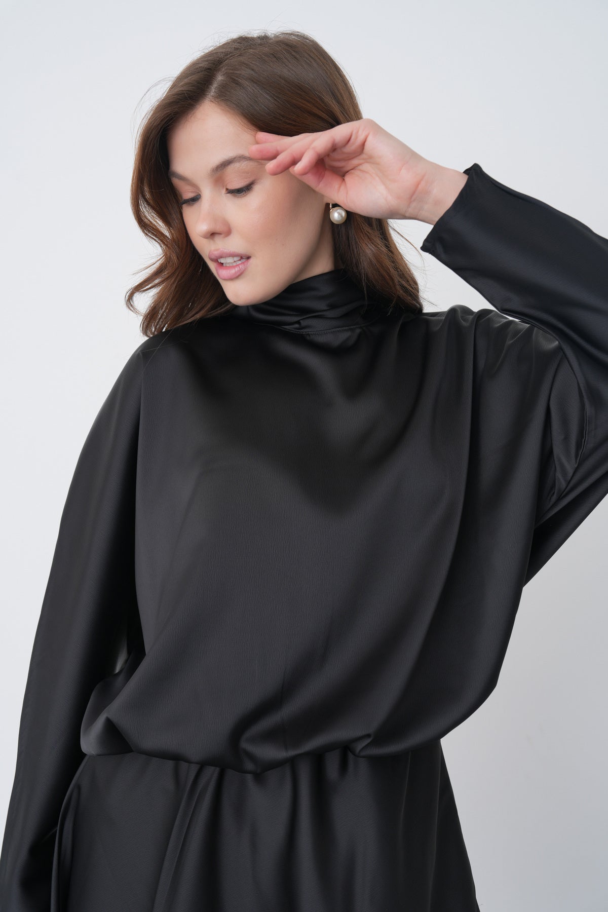 Damen Schwarzes Satin Kragen Mini Kleid