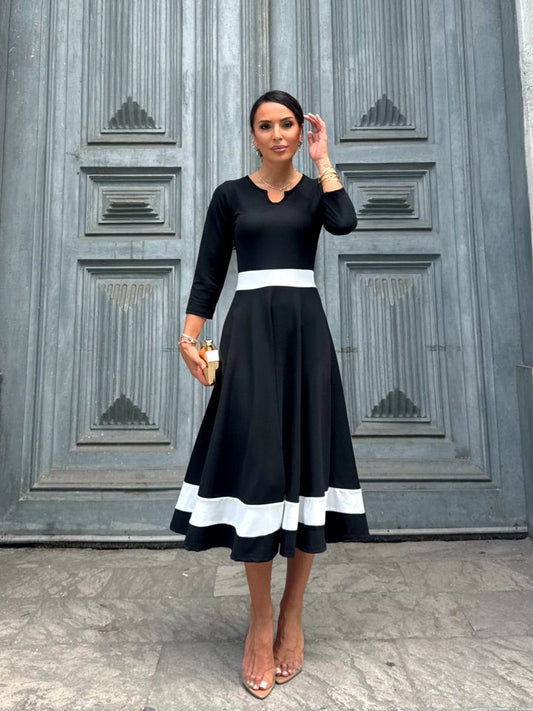 Damen Offener Ausschnitt Blockfarbe Crepe Midi Kleid