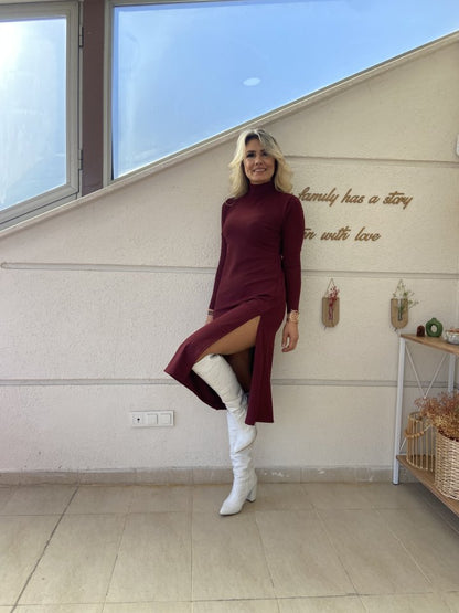 JANE'S Damen Langarm Rollkragen Tiefer Schlitz Detail Krepp Kleid
