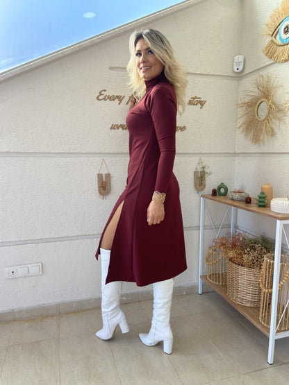 JANE'S Damen Langarm Rollkragen Tiefer Schlitz Detail Krepp Kleid