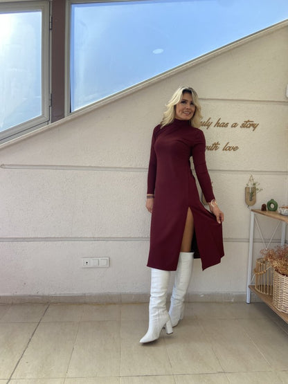 JANE'S Damen Langarm Rollkragen Tiefer Schlitz Detail Krepp Kleid