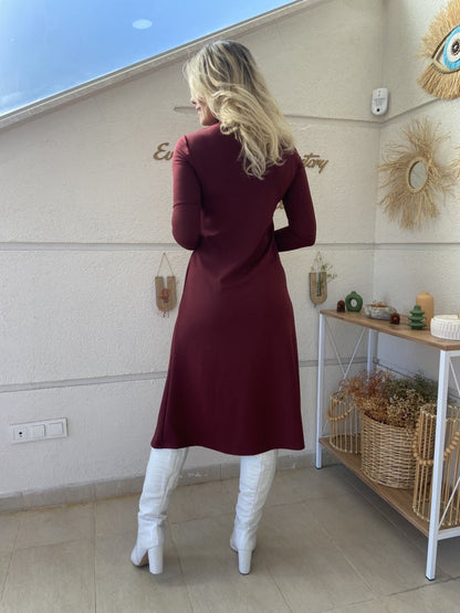 JANE'S Damen Langarm Rollkragen Tiefer Schlitz Detail Krepp Kleid