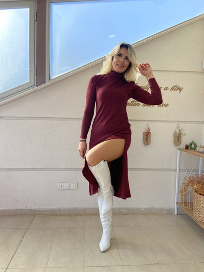 JANE'S Damen Langarm Rollkragen Tiefer Schlitz Detail Krepp Kleid