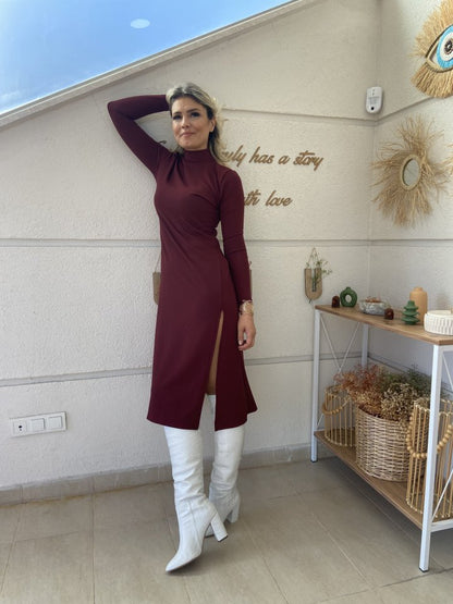 JANE'S Damen Langarm Rollkragen Tiefer Schlitz Detail Krepp Kleid