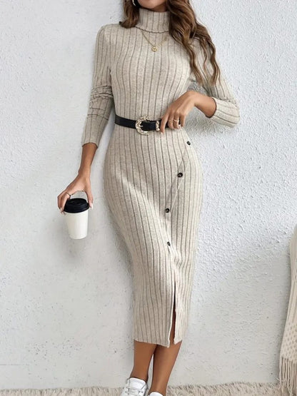 Damen Langarm Rollkragen Kleid mit geraffter Taille (ohne Gürtel)