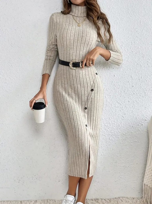 Damen Langarm Rollkragen Kleid mit geraffter Taille (ohne Gürtel)