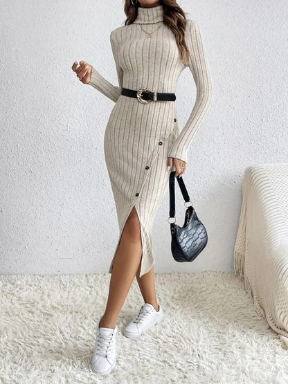 Damen Langarm Rollkragen Kleid mit geraffter Taille (ohne Gürtel)