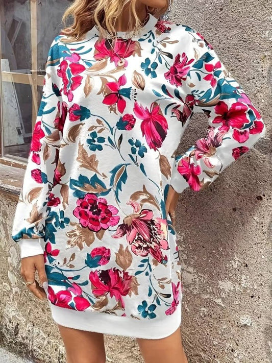 JANE'S Damen Langarm Rundhals Blumenmuster Rüschen Tauchkleid