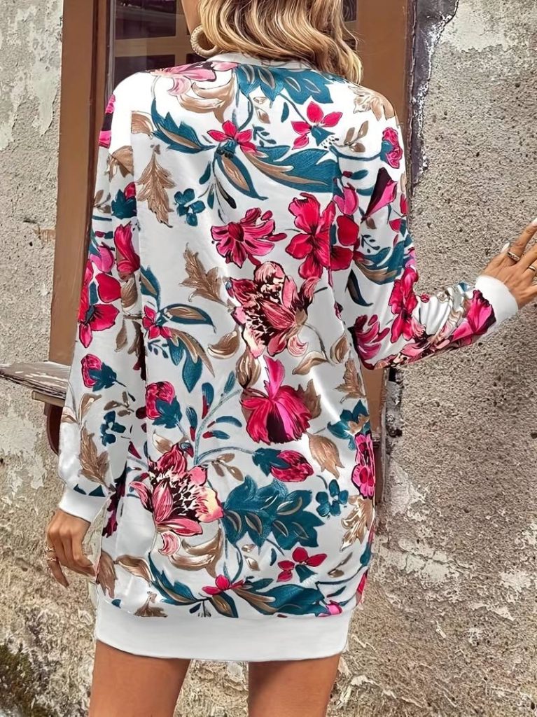 JANE'S Damen Langarm Rundhals Blumenmuster Rüschen Tauchkleid