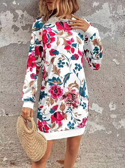 JANE'S Damen Langarm Rundhals Blumenmuster Rüschen Tauchkleid