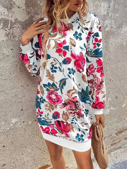 JANE'S Damen Langarm Rundhals Blumenmuster Rüschen Tauchkleid