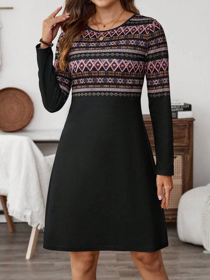 JANE'S Damen Langarm Rundhals Ethno Muster Kurzes Scuba Kleid