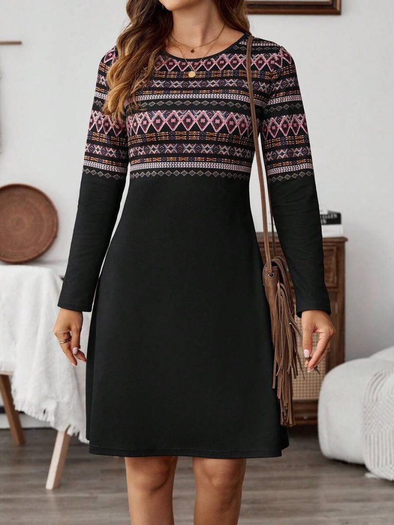 JANE'S Damen Langarm Rundhals Ethno Muster Kurzes Scuba Kleid