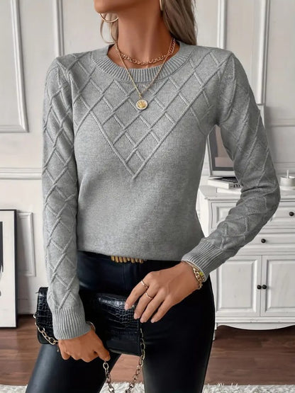 JANE'S Damen Langarm Rundhals Geometrisches Muster Strickbluse
