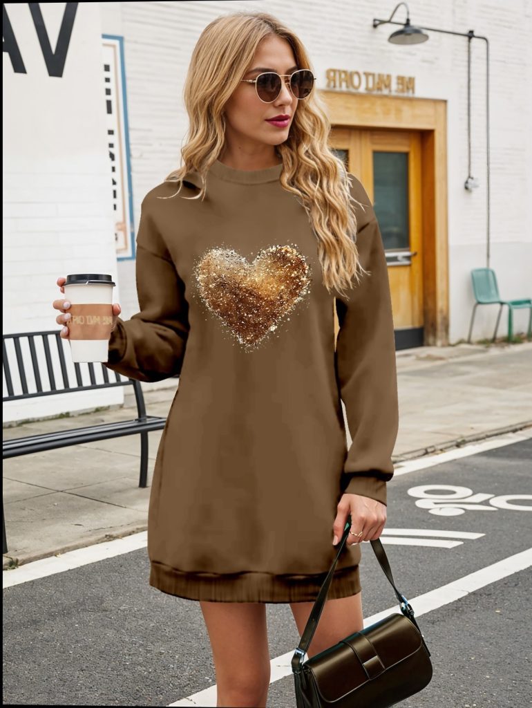 Janes Damen Langarm Fahrrad Hals Herz Muster Viskose Doppel Faden Bluse Kahverengi