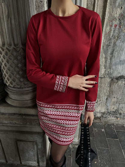 Damen Bedrucktes Langarmkleid mit Fahrrad-Ausschnitt und Saum