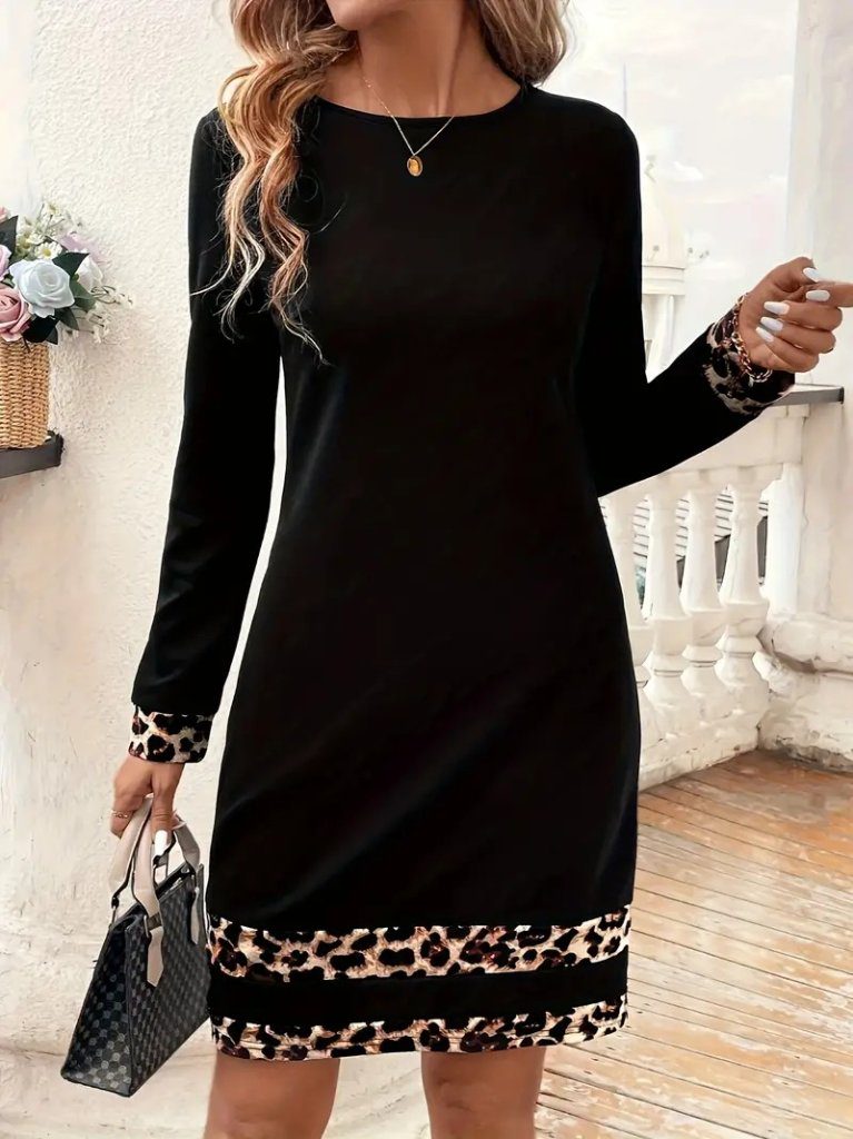 JANE'S Damen Langarm Rundhals Streifen Leopardenmuster Tauchkleid