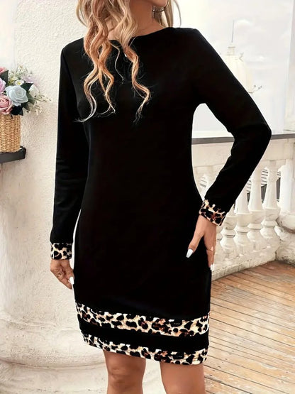 JANE'S Damen Langarm Rundhals Streifen Leopardenmuster Tauchkleid