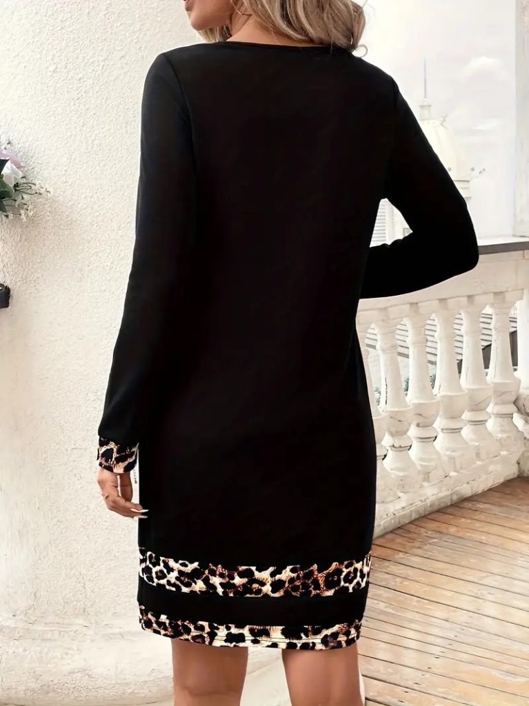 JANE'S Damen Langarm Rundhals Streifen Leopardenmuster Tauchkleid