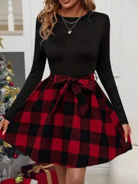JANE'S Damen Langarm Rundhals Top Viskose Unterteil Karo Kurzes Kleid