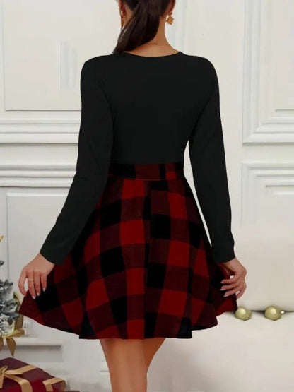 JANE'S Damen Langarm Rundhals Top Viskose Unterteil Karo Kurzes Kleid