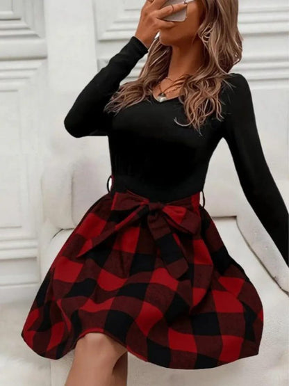 JANE'S Damen Langarm Rundhals Top Viskose Unterteil Karo Kurzes Kleid