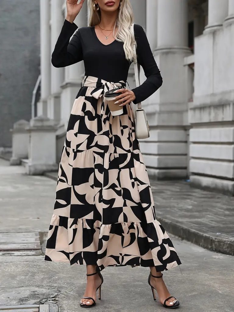 Janes JANE'S Damen Langarm Rundhals Langkleid Çok renkli