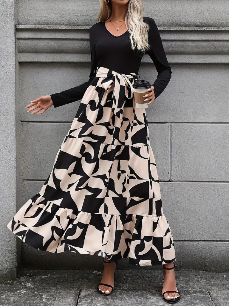 Janes JANE'S Damen Langarm Rundhals Langkleid Çok renkli