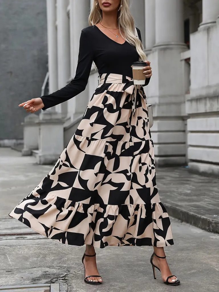 JANE'S Damen Langarm Rundhals Langkleid